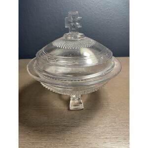 Antique EAPG Clear Glass Covered Sugar Bowl Chain Band Footed